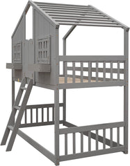 Twin Over Twin House Bunk Beds with Roof and Window, Wooden House Bunk Bed with Window Box and Window Door,Twin Playhouse Bunk Bed with Safety Guardrails and Ladder
