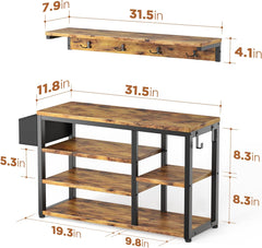 Hall Tree Shoe Bench with Storage, 4 in 1 Coat Rack Set, Industrial Bench with 4 Hooks, 5 Storage Shoe Cubbies, for Entryway, Hallway, Rustic Brown