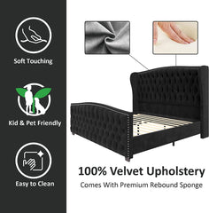 King Size Platform Bed Frame, Velvet Upholstered Bed with Deep Button Tufted & Nailhead Trim Wingback Headboard/No Box Spring Needed/Easy Assembly/Black