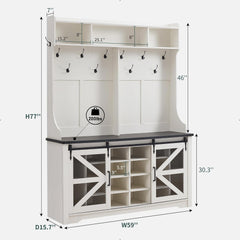 Farmhouse Entryway Bench with Coat Rack, 20 Shoe Cubbies & 12 Coat Hooks Wide Hall Tree with Shoe Storage Bench, Mudroom Storage Cabinet (White)