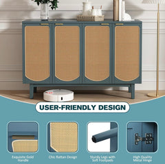 Sideboard Buffet Cabinet with 4 Rattan Doors, Accent Storage Cabinet with Shelves, Free Standing TV Console Table, Modern Teal Cabinet for Kitchen, Dining Room, Living Room, Bedroom, Hallway