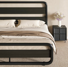 Queen Size Metal Bed Frame with Wooden Headboard and Footboard, Heavy Duty Oval-Shaped Platform Bed with Under-Bed Storage, Noise Free, No Box Spring Needed, Black