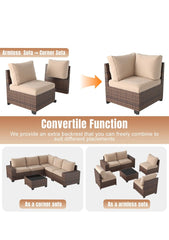6 Pieces Patio Furniture Set Wicker Rattan Outdoor Sectional Conversation Set with Coffee Table and 4” Thickened Cushions, Beige (Waterproof Cover Included)