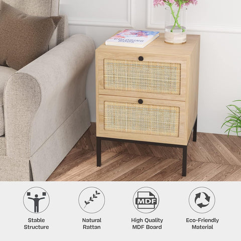 Rattan Nightstand with Drawers, End Table, Bedside Table Set of 2, natural