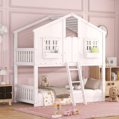 House Bunk Bed Twin Over Twin for Kids, Wood Bunk Beds with Roof, Windows, Window Box and Small Door, Floor Bunk Beds with Ladder and Guard Rails for Girls Boys, White