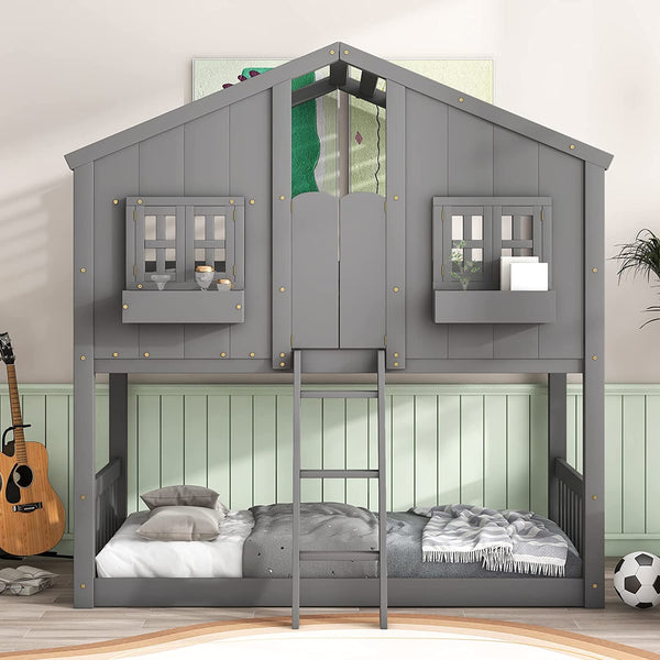 Twin Over Twin House Bunk Beds with Roof and Window, Wooden House Bunk Bed with Window Box and Window Door,Twin Playhouse Bunk Bed with Safety Guardrails and Ladder