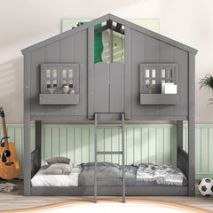Twin Over Twin House Bunk Beds with Roof and Window, Wooden House Bunk Bed with Window Box and Window Door,Twin Playhouse Bunk Bed with Safety Guardrails and Ladder