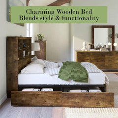 Queen Size Bed Frame Wooden Platform Bed with 51.2" Storage Bookcase Headboard, 4 Storage Drawers & Charging Station/No Box Spring Needed/Noise Free/Rustic Brown