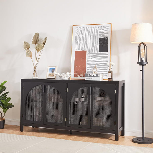 Kitchen Buffet Storage Cabinet with Retro Design, Artificial Rattan Doors, and Metal Handles - Spacious Buffet Table for Dining,Black