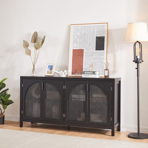 Kitchen Buffet Storage Cabinet with Retro Design, Artificial Rattan Doors, and Metal Handles - Spacious Buffet Table for Dining,Black