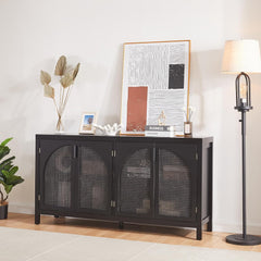 Kitchen Buffet Storage Cabinet with Retro Design, Artificial Rattan Doors, and Metal Handles - Spacious Buffet Table for Dining,Black
