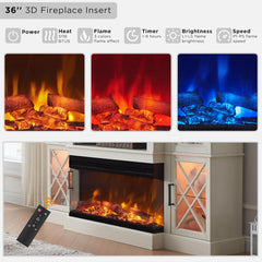 Farmhouse Electric Fireplace TV Stand for TVs up to 80'', Highboy Entertainment Center with Glass Door Storage Cabinet, 70'' Large TV Stand Antique White