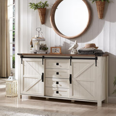 Farmhouse Sideboard Buffet Cabinet with Storage, 60" Large Kitchen Cabinet w/Sliding Barn Doors and 4 Drawers, 31.2'' Tall Wood Coffee Bar Table for Dining Room, Antique White