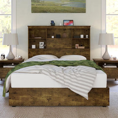 Queen Size Bed Frame Wooden Platform Bed with 51.2" Storage Bookcase Headboard, 4 Storage Drawers & Charging Station/No Box Spring Needed/Noise Free/Rustic Brown