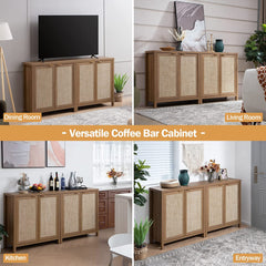 Rattan Sideboard Buffet Cabinet Set of 2 - Farmhouse Kitchen Coffee Bar Cabinet with Rattan Decorated Doors