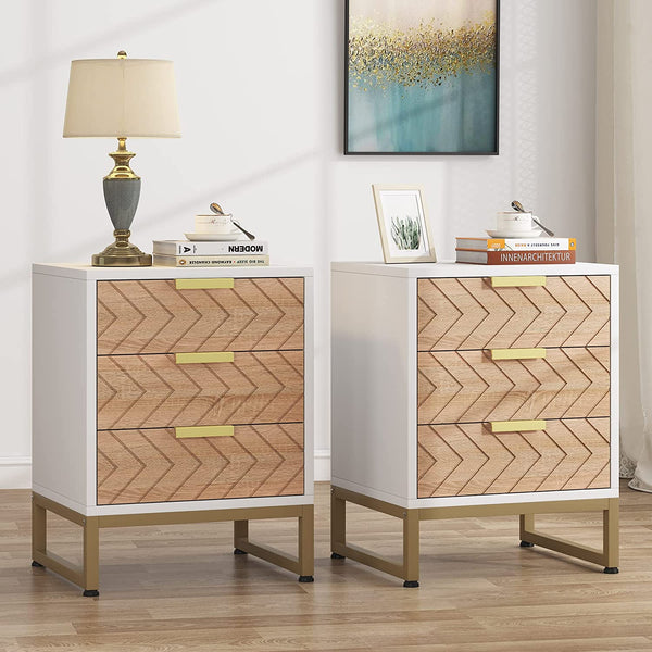 Modern 3 Drawers Bedside Table with Unique Zig Zag Design White/Light Brown