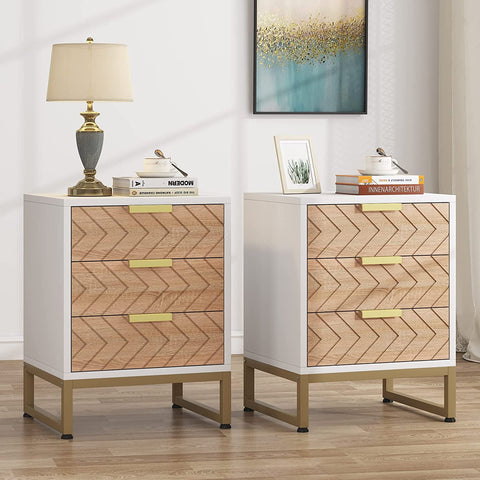 Modern 3 Drawers Bedside Table with Unique Zig Zag Design White/Light Brown