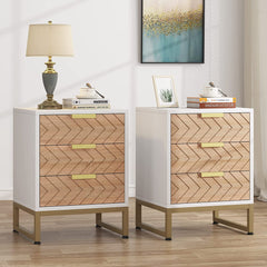 Modern 3 Drawers Bedside Table with Unique Zig Zag Design White/Light Brown