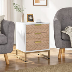 Modern 3 Drawers Bedside Table with Unique Zig Zag Design White/Light Brown
