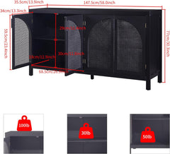 Kitchen Buffet Storage Cabinet with Retro Design, Artificial Rattan Doors, and Metal Handles - Spacious Buffet Table for Dining,Black
