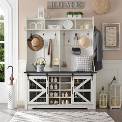 Farmhouse Entryway Bench with Coat Rack, 20 Shoe Cubbies & 12 Coat Hooks Wide Hall Tree with Shoe Storage Bench, Mudroom Storage Cabinet (White)