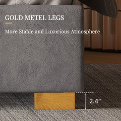 Platform Bed Frame, 61.4" Velvet Upholstered Bed with Gold Trim Headboard/Wooden Slats/No Box Spring Needed/Grey Queen