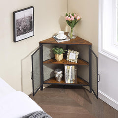 Corner Cabinet/Table, 3-Tier Shelves with Protection Door, Metal Frame Storage Shelf Organizer for Small Space, Living Room, Kitchen, Bathroom, Set of 1, Brown