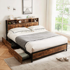Queen Bed Frame with Bookcase Headboard and 4 Storage Drawers, Vintage Brown