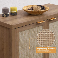 Rattan Sideboard Buffet Cabinet Set of 2 - Farmhouse Kitchen Coffee Bar Cabinet with Rattan Decorated Doors