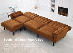 Velvet Sectional Convertible Sofa with Chaise, 107" L Shape Sectional Sofa Couch with USB, Split Back Folding Futon Couch for Living Room (Caramel Brown)