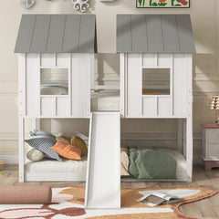Twin-Over-Twin Wooden House Bunk Bed with Slide, Windows, Ladder and Guardrails, Twin Size White House Bunk Bed