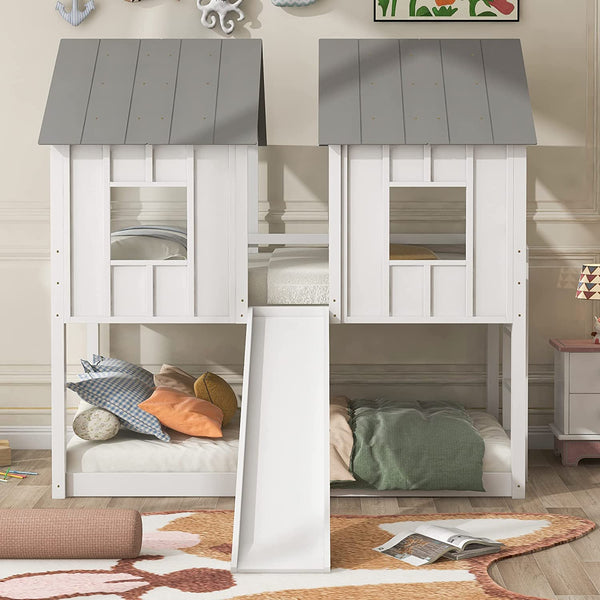 Twin-Over-Twin Wooden House Bunk Bed with Slide, Windows, Ladder and Guardrails, Twin Size White House Bunk Bed