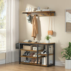 Hall Tree Shoe Bench with Storage, 4 in 1 Coat Rack Set, Industrial Bench with 4 Hooks, 5 Storage Shoe Cubbies, for Entryway, Hallway, Rustic Brown