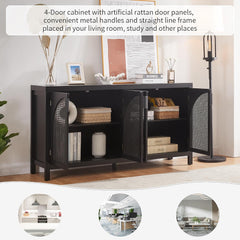 Kitchen Buffet Storage Cabinet with Retro Design, Artificial Rattan Doors, and Metal Handles - Spacious Buffet Table for Dining,Black