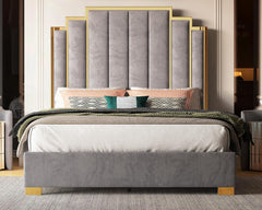 Platform Bed Frame, 61.4" Velvet Upholstered Bed with Gold Trim Headboard/Wooden Slats/No Box Spring Needed/Grey Queen