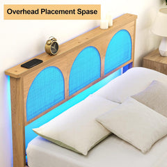 Platform Bed Frame with LED Lights and Rattan Headboard, Wooden Support Legs, No Box Spring Needed, Easy Assembly