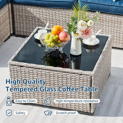 All Weather Outdoor Couch with Tempered Glass Coffee Table & Olefin Cushions for Deck Backyard ,Navy blue