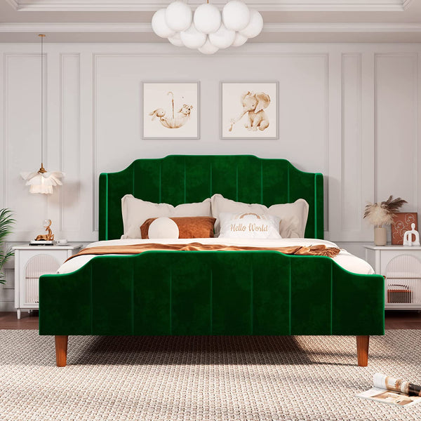 Queen Size Velvet Bed Frame Upholstered Platform Bed with Vertical Headboard and Footboard,Green
