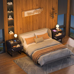 Set of 2 with Charging Station and LED Light, Bedside Table with Large Storage Drawer for Bedroom, Black Night Stand Modern End Table Sofa Side, Black Ebony Wood Color