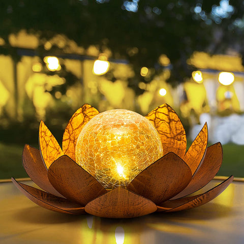 Solar Light Outdoor(2Pack), Art Crackle Globe Glass Lotus Decoration, Solar LED Waterproof Metal Flower Lights for Patio,Lawn,Walkway,Tabletop