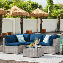 All Weather Outdoor Couch with Tempered Glass Coffee Table & Olefin Cushions for Deck Backyard ,Navy blue