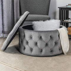 Round Velvet Storage Ottoman, Button Tufted Footrest Stool Coffee Table for Living Room (Grey)