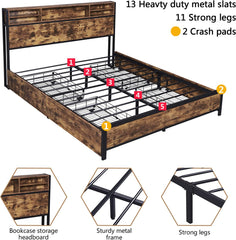 Queen Bed Frame with Bookcase Headboard and 4 Storage Drawers, Vintage Brown