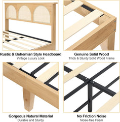 Platform Bed Frame with LED Lights and Rattan Headboard, Wooden Support Legs, No Box Spring Needed, Easy Assembly