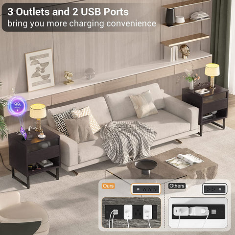 Set of 2 with Charging Station and LED Light, Bedside Table with Large Storage Drawer for Bedroom, Black Night Stand Modern End Table Sofa Side, Black Ebony Wood Color