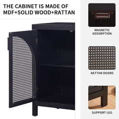Kitchen Buffet Storage Cabinet with Retro Design, Artificial Rattan Doors, and Metal Handles - Spacious Buffet Table for Dining,Black