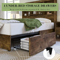 Queen Size Bed Frame Wooden Platform Bed with 51.2" Storage Bookcase Headboard, 4 Storage Drawers & Charging Station/No Box Spring Needed/Noise Free/Rustic Brown