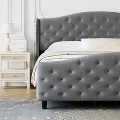 Modern Upholstered King Bed Frame,Button Tufted Headboard and Footboard Design Solid Wooden Slat Support Easy Assembly, Grey
