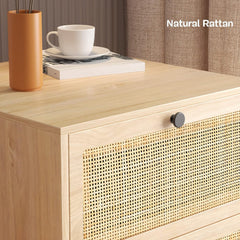 Rattan Nightstand with Drawers, End Table, Bedside Table Set of 2, natural