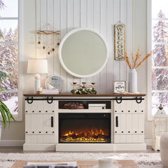 Farmhouse Entertainment Center with Sliding Barn Doors, Rustic Media Console Table with Storage Cabinets for Living Room, Antique White